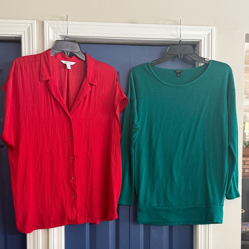 Ann Taylor Green Sweater, Nine West Red Satin Button Down Size XS/S